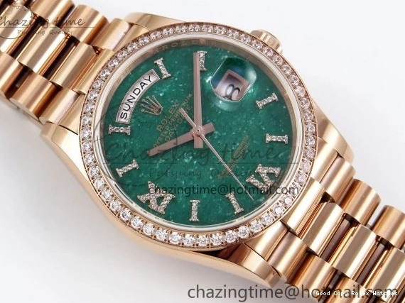 Good Copy Rolex Watches Edition RG on TWSF 36 Diamonds Diamonds Date Bezel Day SmartChoice Green 1608 Best Dial Roman RG A Bracelet 0114